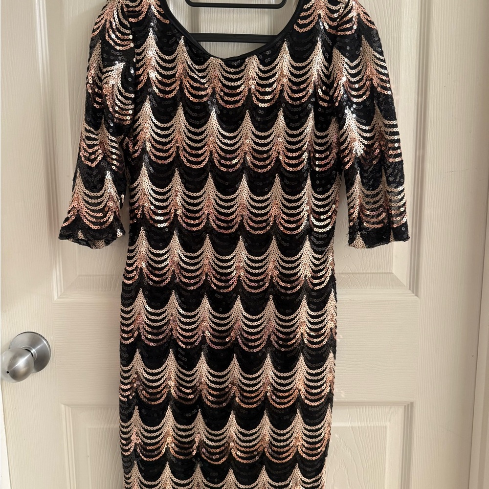 Crystal Doll Black and Gold Sequin Long Sleeve Dress